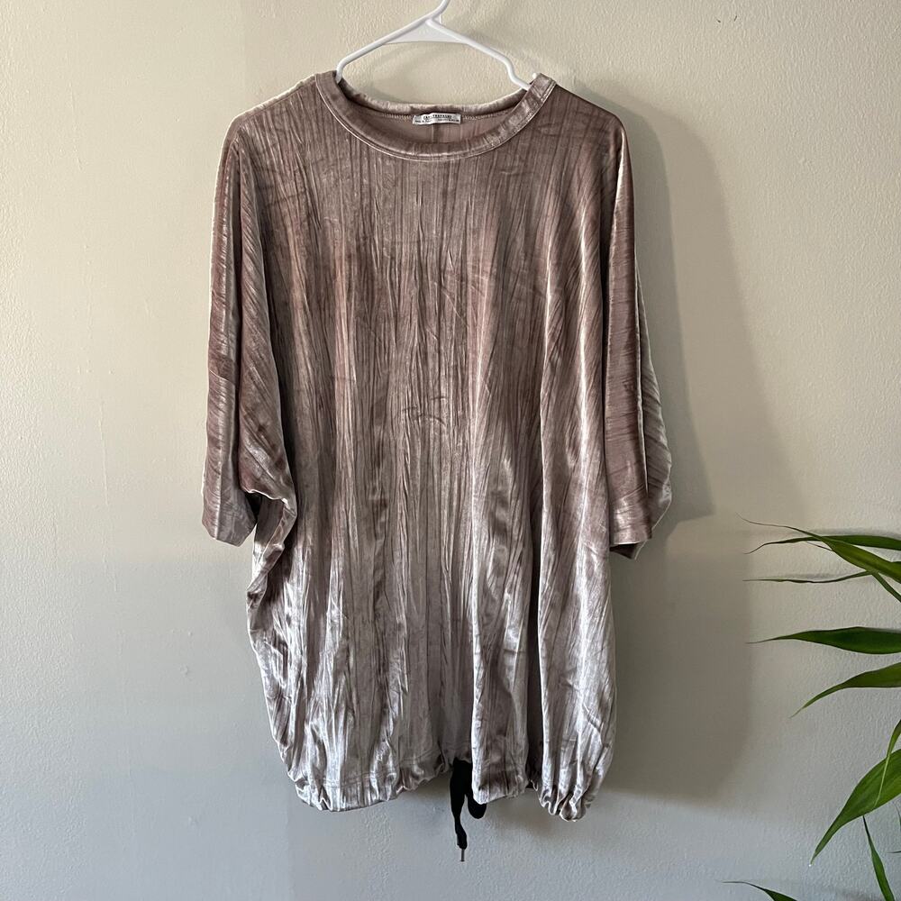 Zara Womens M Velvet Tunic Dress Mauve Short Sleeve Drawstring Hem Casual